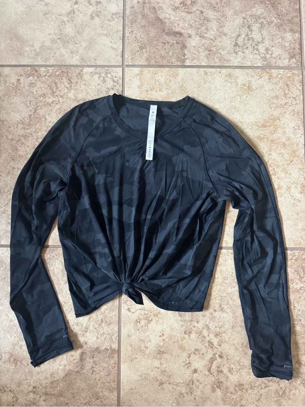 lululemon athletica Black Camo-Print Long Sleeve Knot-Front Top
